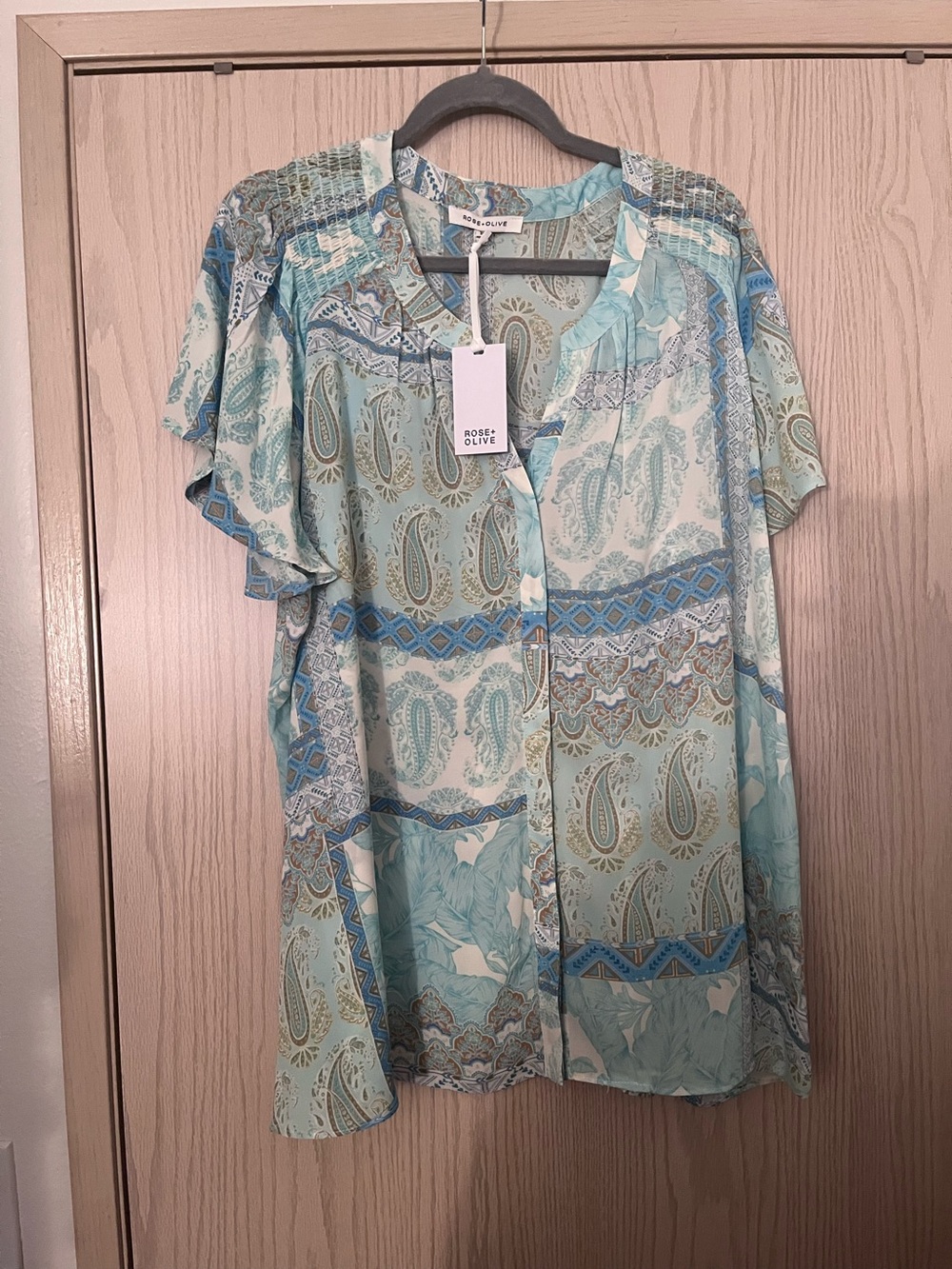 Rose & Olive Light Aqua Paisley Button-Front Blouse